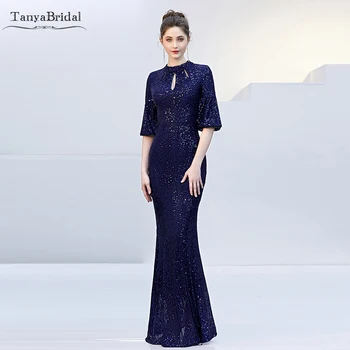 

Long Mermaid Bridesmaid Dresses 1/2 Sleeve Sequined Maid Of Honor Gowns Women Formal Party Gowns Real Pic DB026