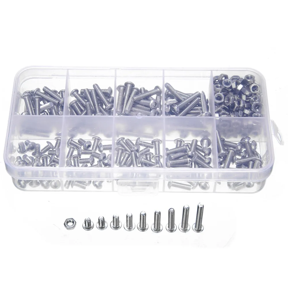 

340pcs M3 A2 Hex Screw Set Stainless Steel Nuts Bolt Cap Socket Assortment Kit 125x65x22mm with Case For Hardware Accessories