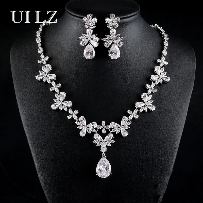 UILZ Flower Design Luxury AAA Zircon Water Drop Shape Necklace Pendant Set For Female party/jewelry wedding US425 UILZ Flower Design Luxury AAA Zircon Water Drop Shape Necklace Pendant Set For Female party/jewelry wedding US425