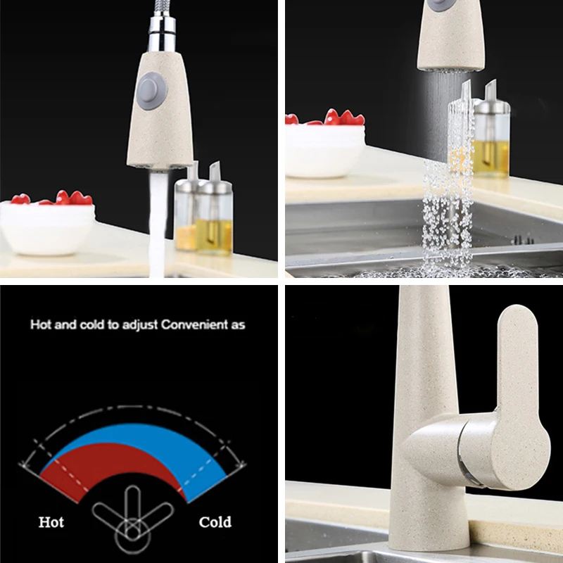 Матовый черный кухонный кран, выдвижной кран с поворотом на 360 градусов, бежевый кран для раковины, кран для горячей и холодной воды, кухонный кран, латунный кран