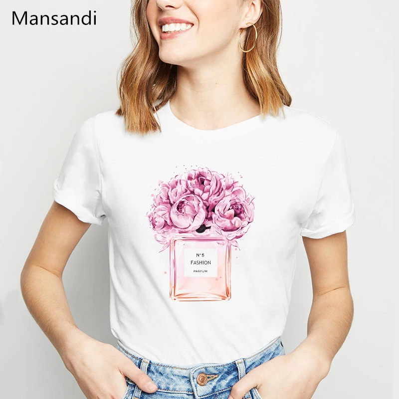 

pink Rose flowers Perfume T Shirt Women White vogue tshirt femme Harajuku shirt camiseta mujer summer fashion female t-shirt