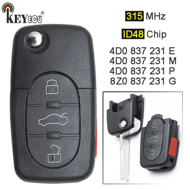 Beste Keyecu 315 Mhz ID48 P N 8Z0 837 231G 4D0 837 231 E M P Flip 3 + 1 4 Btn Remote auto Sleutelhanger Voor Audi A2 A4 A6 A8 S8 Tt Quattro