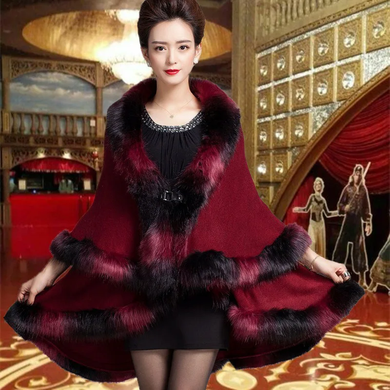 

F802 European and American high-end fashion Autumn&Winter Clothes imitation Fox Fur Cloak long bat sleeve ladies knitted Cape