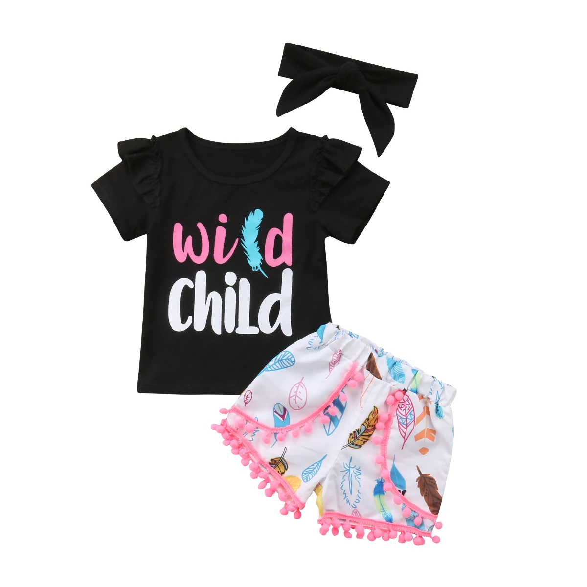 Комплект из 3 предметов для новорожденных девочек: топ с рукавами-крылышками + шорты с кисточками Набор резинок для волос
