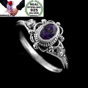 

OMHXZJ Wholesale European Fashion Woman Man Party Wedding Gift Silver Oval Red Purple Amethyst AAA Zircon Taiyin Ring RR325