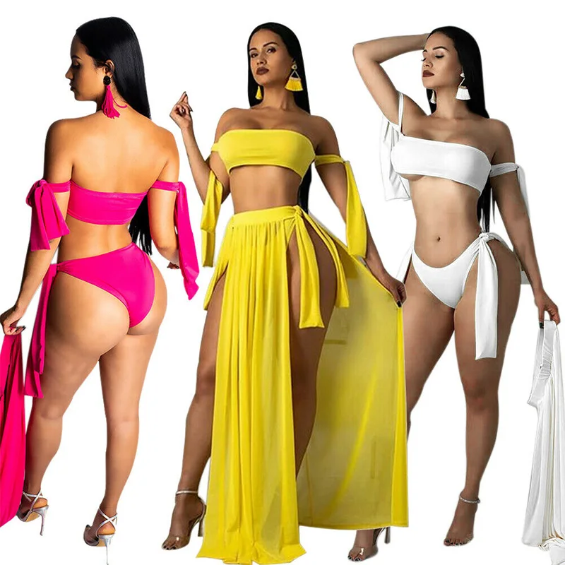 

IMCUTE Women Sexy Off Shoulder Bandeau Bikini Set + Cover Up Wrap Skirt Beach Swimsuit