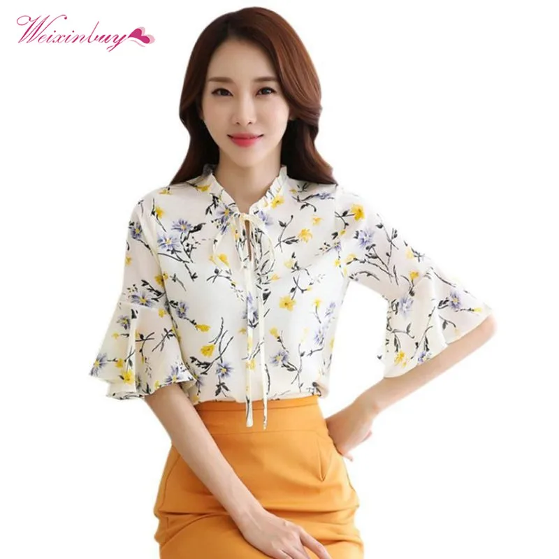 

summer blouse Women Flare Sleeve Chiffon Shirts Floral Print Tops Female Half Ladies Girls Blusas