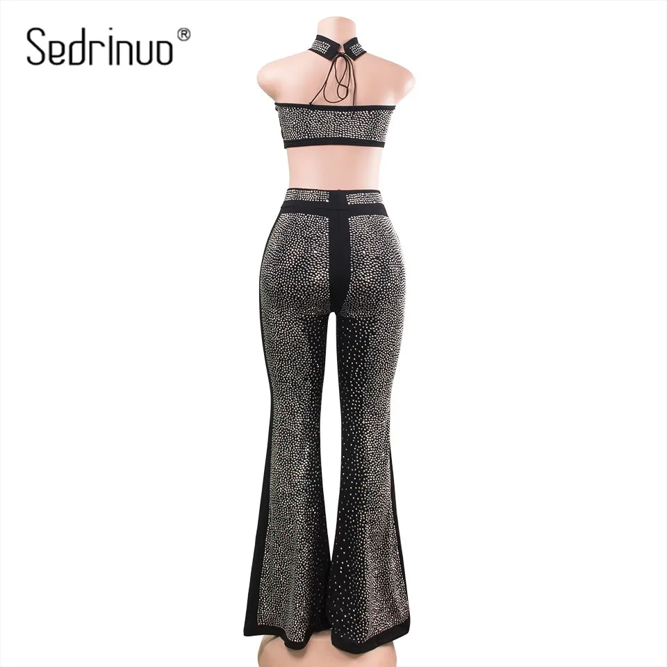 Sedrinuo Fashion Sexy 2 Pieces Set Strapless Choker Rompers Jumpsuit Rhinestone Skinny Bodycon Crop Tops & Loose Pants Jumpsuits Jumpsuits and Playsuits