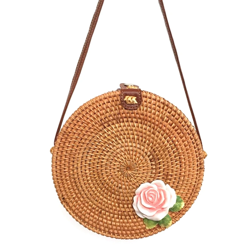 

FGGS-Rattan Woven Shoulder Bag Peony Flower Bohemian Beach Round Straw Hand Bags Handbags For Women Messenger Crossbody Bag Ha