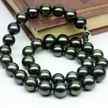 

925 silver real natural big Tahitian Black Pearl Necklace 11-13mm round very light AAAA seawater pearl