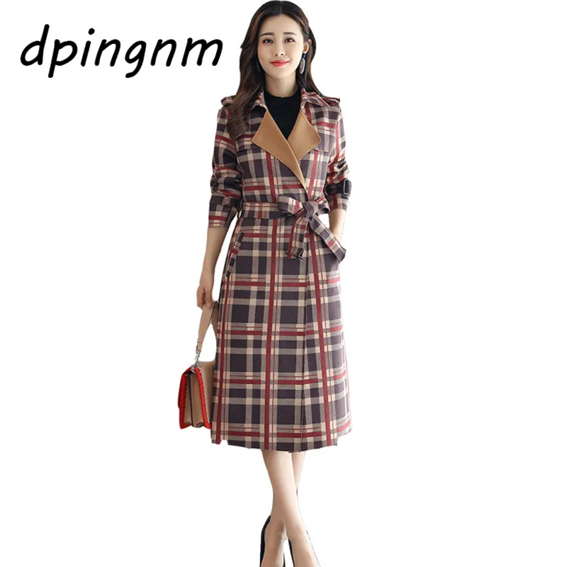 

England Style Plaid Woolen Coats for Women Belted Waist Button-up Check Office Lady Wind Coat Wool