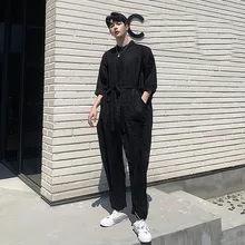 Мужские летние хлопковые льняные комбинезоны с коротким рукавом, повседневные штаны-шаровары, Мужская Уличная одежда в стиле хип-хоп, Свободные повседневные Комбинезоны на лямках