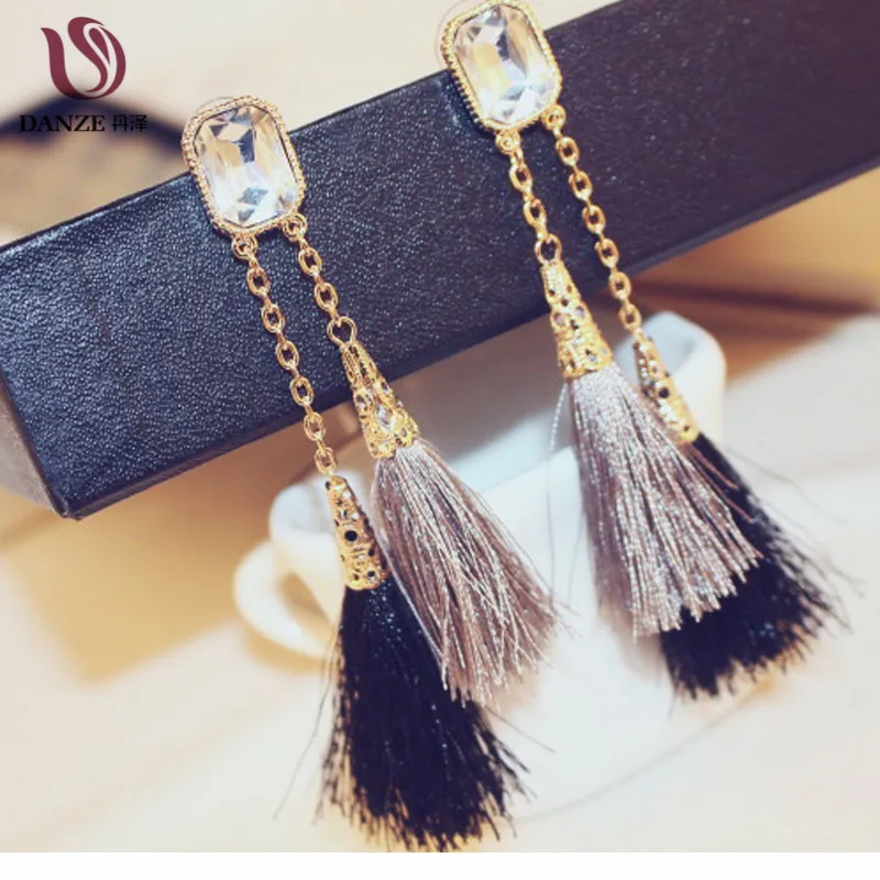 DANZE Brand Korean double Tassel Earrings for Women Female Crystal Gray