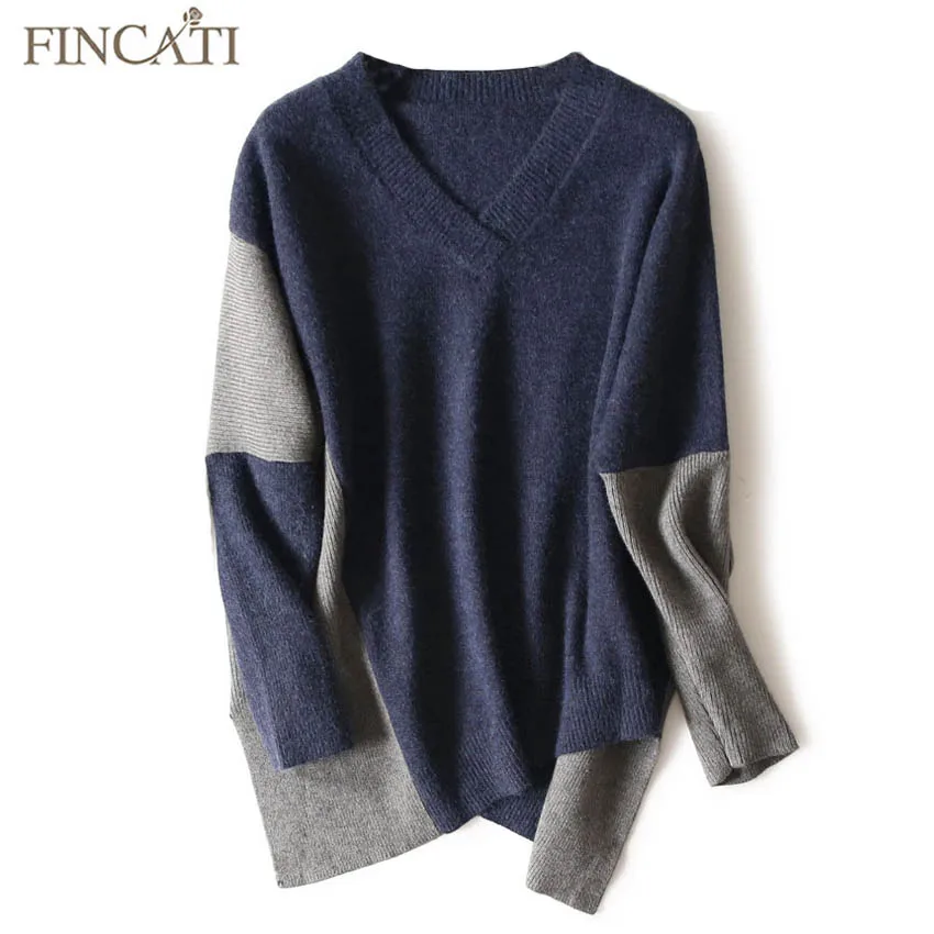 

Cashmere Sweater Women 2018 New Autumn Winter Pure Cashmere Wool Fluffy V Neck Contrast Color Aysmmetrical Length Pullover Pulls