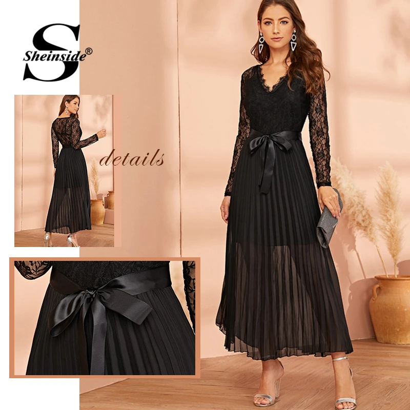 Sheinside, Черное контрастное кружевное платье с v-образным вырезом, женское осеннее плиссированное платье с кружевным рукавом с плотным поясом