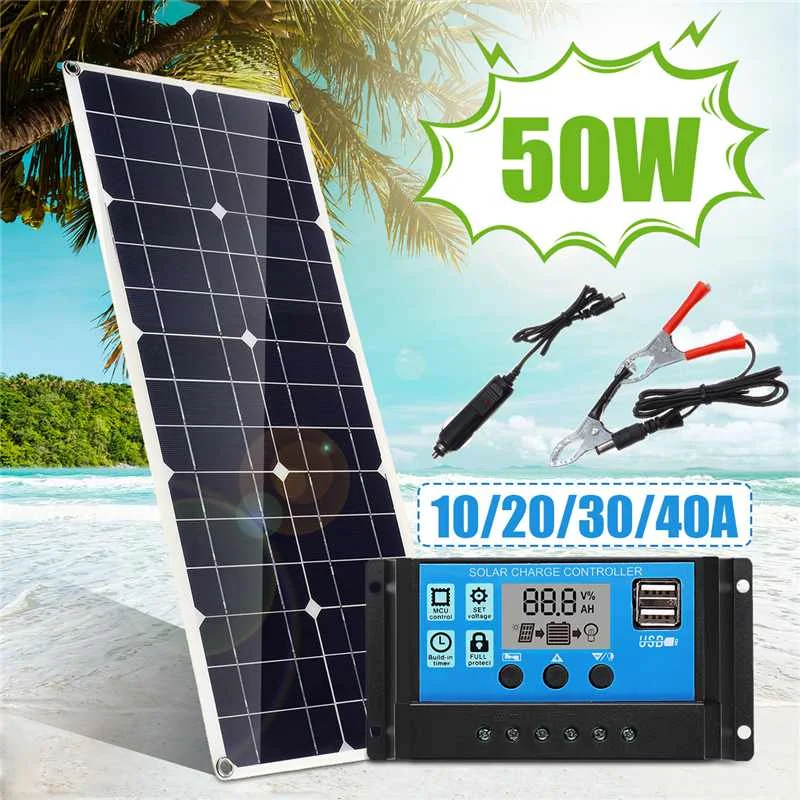 

50W solar panel 18V with Dual USB +10/20/30/40/50A Dual USB Solar Panel Regulator Controller ect for car yacht RV Lights Charge