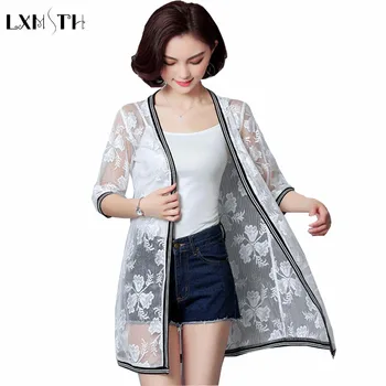 

LXMSTH L-5XL Cardigan Women Long Summer 2019 Fashion Patchwork Lace Shirts Blouses Hollow Out Sunscreen Clothes Black White