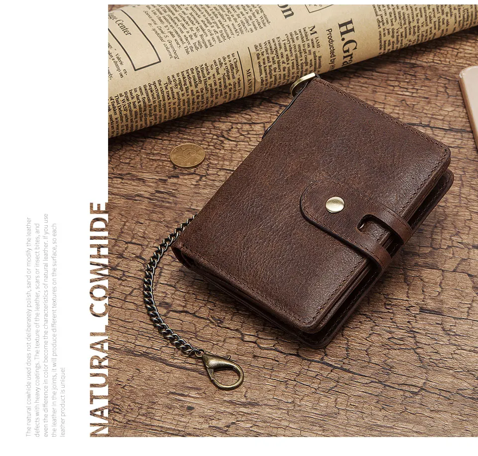 FUZHINIAO натуральная кожа Для мужчин бумажник мужской Винтаж кошелек Малый Portomonee держатель для карт с застежкой цепь бренд качество