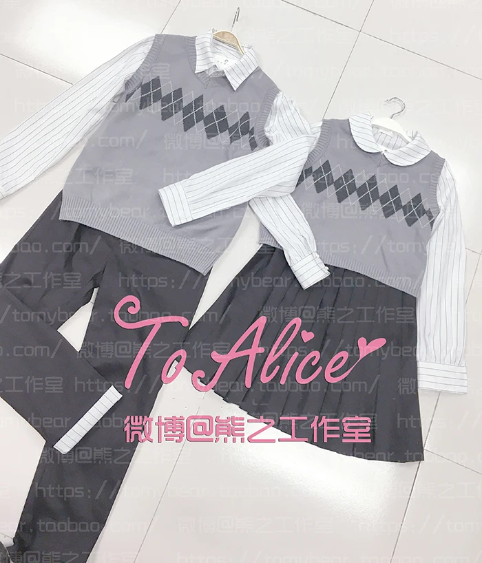 

Western Graduation Ceremony JK Uniform Couples Set : Grey Sweater Vest + Stripe White Blouse Tie + Mini Pleated Skirt / Trousers