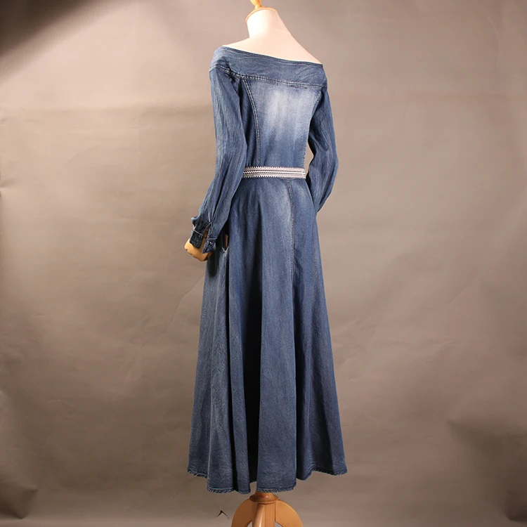 Весенне-осеннее женское платье с цветочной вышивкой с вырезом лодочкой и поясом, длинные голубые джинсы, винтажное платье длиной до щиколотки