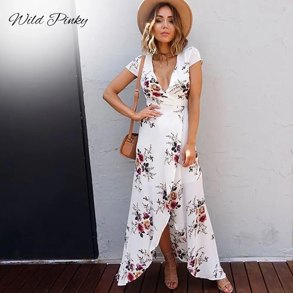 

WildPinky 2022 White Women Floral Print Beach Dress Fashion Boho Summer Dresses Ladies Vintage V-neck Split Party Dress Vestidos