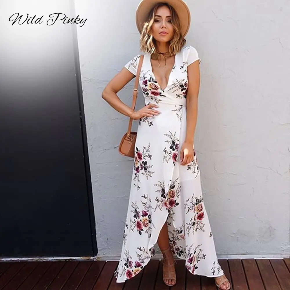 WildPinky 2019 الأبيض النساء الأزهار طباعة الشاطئ اللباس أزياء بوهو الصيف فساتين السيدات خمر الخامس الرقبة انقسام حزب اللباس Vestidos