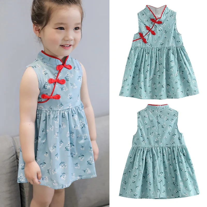 

Summer Girls Dresses Snow Lotus Cheongsam Dress Girl Clothing Princess Dress Children Costume 100% Cotton Kids Clothes