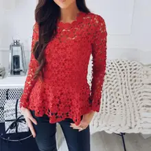 Весна Лето Кружева Топы Лолита blusas ажурная вязанная крючком кружевная рубашка плюс размер одежда длинный рукав Повседневная Женская