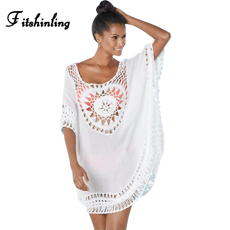 

Fitshinling Handmade crochet white dresses of the big sizes hollow out sexy sarafan female summer batwing sleeve beach dress hot
