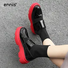 ENNIS/; женские ботильоны на платформе; красные лакированные кожаные ботинки; черная обувь на толстой подошве; женские ботинки на плоской подошве с круглым носком; сезон осень; A8190