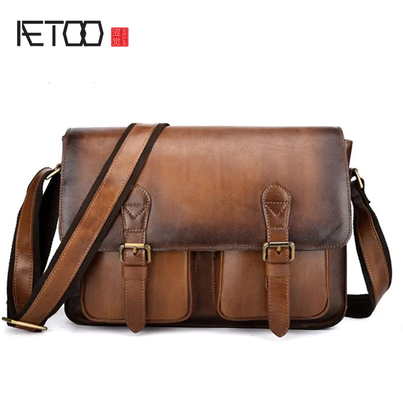 

BJYL New leather retro men's portable briefcase first layer leather messenger bag handmade rub color shoulder diagonal package
