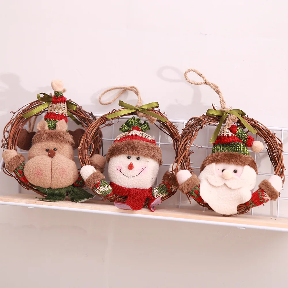 

1pc Christmas Ornament Wreaths Ring Plush knitting Santa Clause Green Bow Knots Window Door Hanging Garland Christmas Home Decor