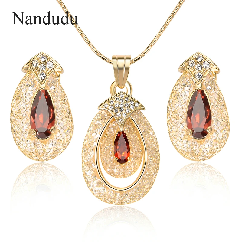 

Nandudu Rose Gold Color Wire Mesh Net Austrian Crystal Pendant Necklace Earrings Jewelry Sets for Women Girl Wedding Gift CN296