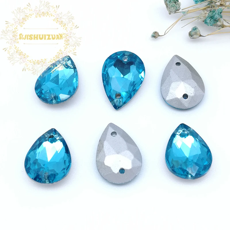 Turquoise blue water-drop shape Glass Crystal sew on rhinestones with two holes Diy wedding dress accessories Free shipping | Дом и сад