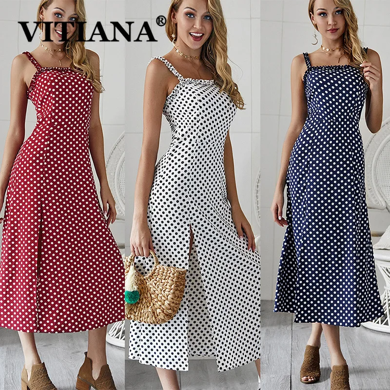 VITIANA Women Sexy Party Dress Summer 2019 Female White Dot Print A-Line Long Beach Slip Dress Ladies Office Work Clothes VITIANA Women Sexy Party Dress Summer 2019 Female White Dot Print A-Line Long Beach Slip Dress Ladies Office Work Clothes