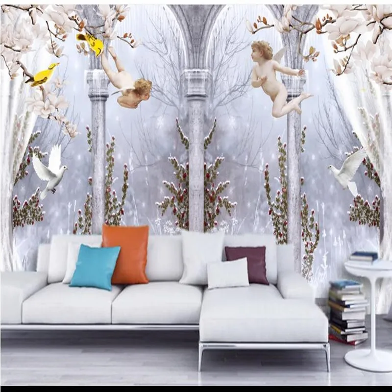 

wellyu Custom large - scale murals elegant angel Roman column Dove 3D TV background wall non - woven environmental wallpaper