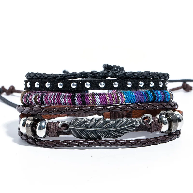 

Charm Men's Leather Multilayer Bracelets & Bangles Vintage Skull Feather Leaf Handmade Rivet Rope Wrap Bracelet Pulsera 2019
