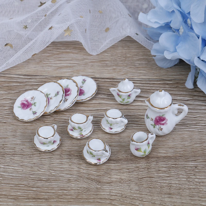 

15Pcs 1/12 Miniature Pink Flower Patten Porcelain Coffee Tea Cups Ceramic Tea Sets Tableware Dollhouse Kitchen Accessories