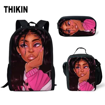 

THIKIN School Backpack for Kids Black Art African Girl Printing 3pcs/set School Bags Children Primary School Book Bag Stachel