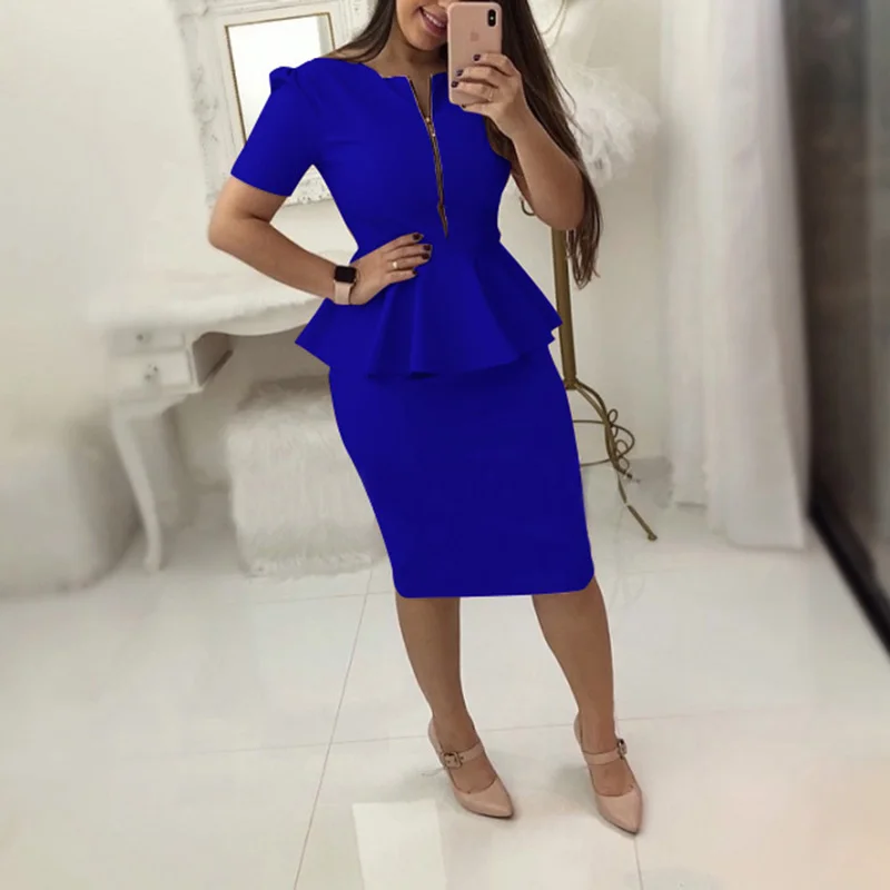 Офисное рабочее платье Женские однотонные платья с коротким рукавом Ol Бизнес платье Элегантная одежда Вечерние платья Синий Черный Большие размеры