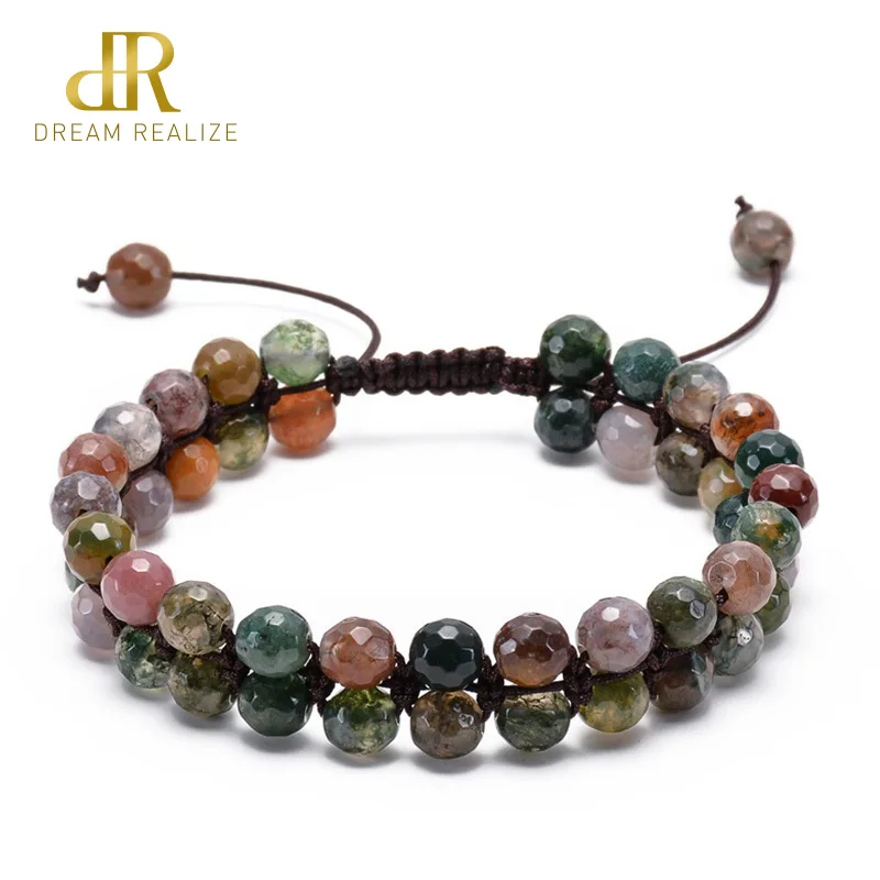 

DR New Faceted India Onyx Double Row Beaded Bracelet Adjustable Double Layer Handwoven Braided Natural Stone Bracelets For Gifts