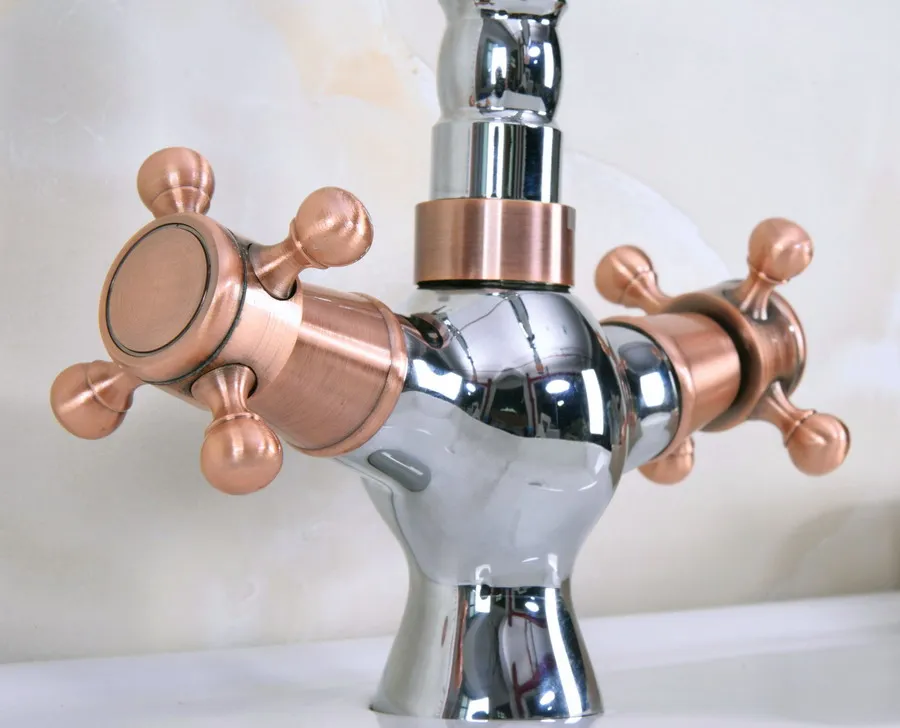 Polished Chrome Red Copper Brass Swivel Spout Double Cross Handles Kitchen/Bar Bathroom Sink Faucet Hot&Cold Mixer Tap anf904