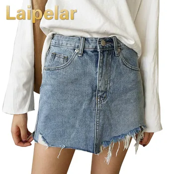 

2018 Summer Jeans Skirt Women High Waist Jupe Irregular Edges Denim Skirts Female Mini Saia Washed Faldas Casual Pencil Skirt