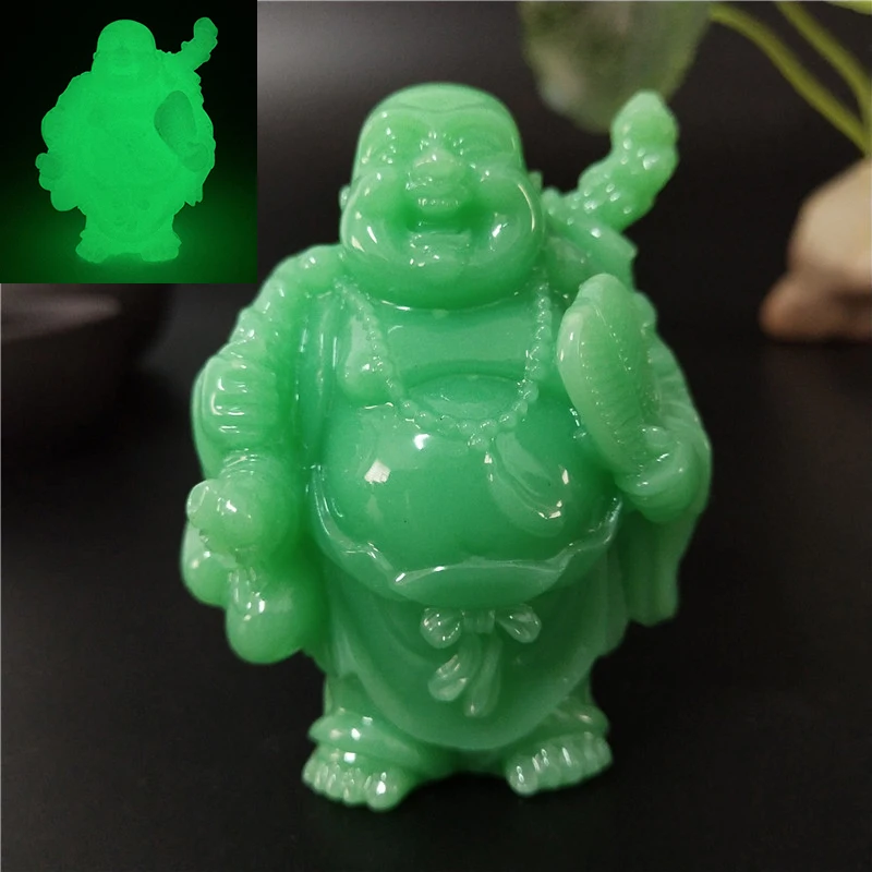 Glowing Laughing Buddha Statue Sculpture Manmade Jade Stone Home