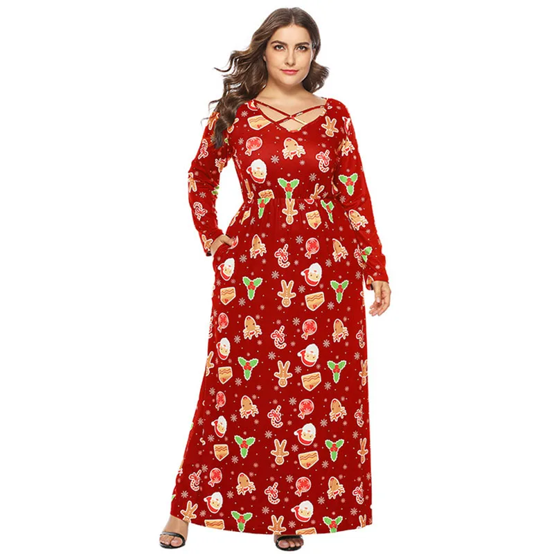 

2019 Christmas Print Plus Size Casual Long Dress Big Size 5XL Women Sleeve V-Neck Maxi Dress Vestidos D303