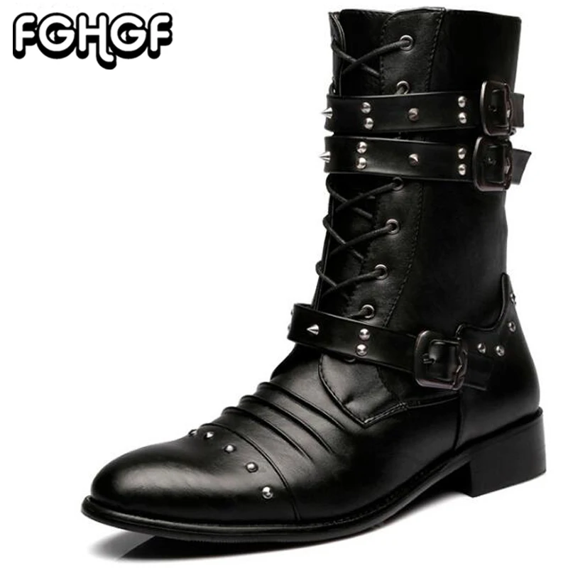 

Army Boots Men High Military Combat Boots Metal Buckle Strap Mid Calf boots Male Motorcycle Boots Lace Up Men's Shoes Rock M881