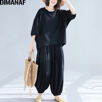 

DIMANAF Plus Size Women Sets Summer Female Lady Top Shirt Batwing Loose Big Size Pants Casual Cotton Solid 2 Pieces Set 2019 6XL