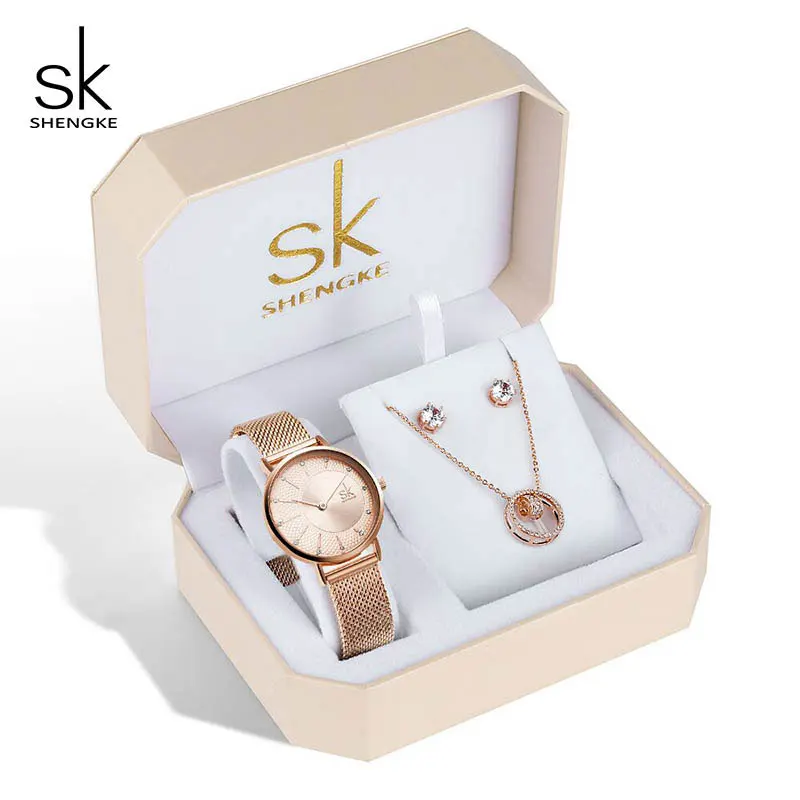 Shengke креативный Кристалл ювелирный набор женские кварцевые часы, Рождественский подарок коробка для женщин часы розовый золотистый браслет со стразами ювелирный набор - Цвет: K0093 Rose gold set