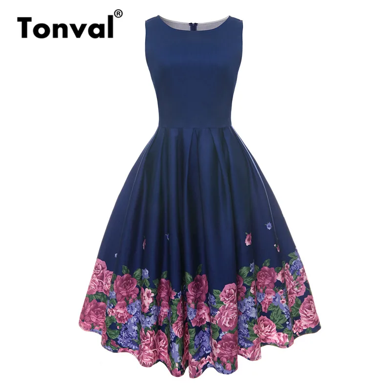 

Tonval Vintage Floral Print Retro Dress Women Pleated Rockabilly Dress O-Neck Summer Ladies Navy Cotton Dresses