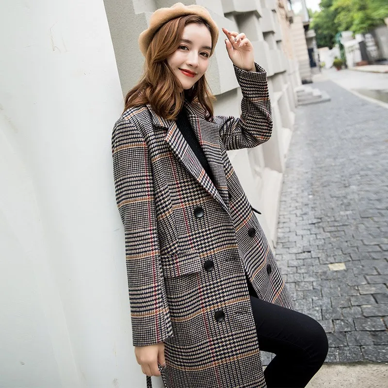 High Quality Winter Plaid Long Outerwear Pockets Vintage